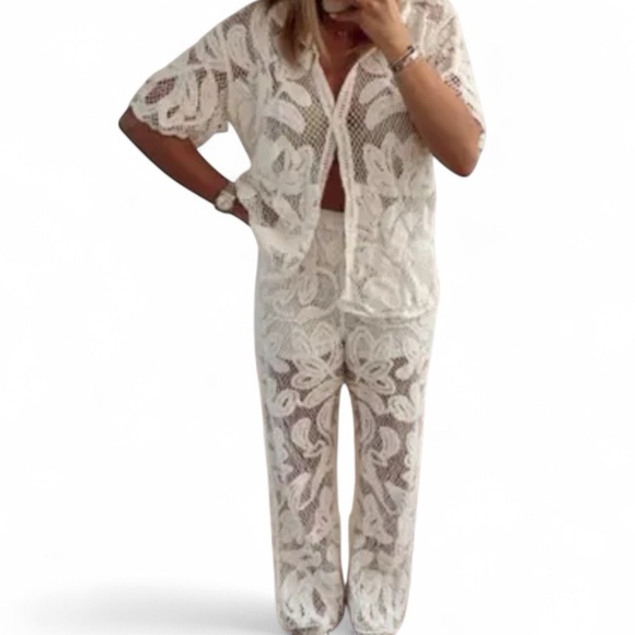 White Crochet Lace Two Piece Bottom and Top Set - Picture 6 of 8